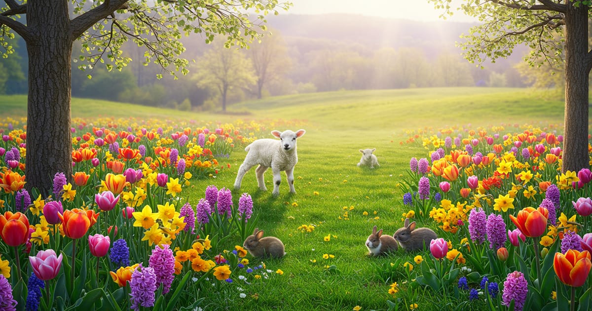 spring with lambs and bunnies